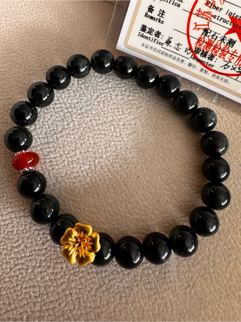 Gold Flower Black and red jade with gold plate flower accent